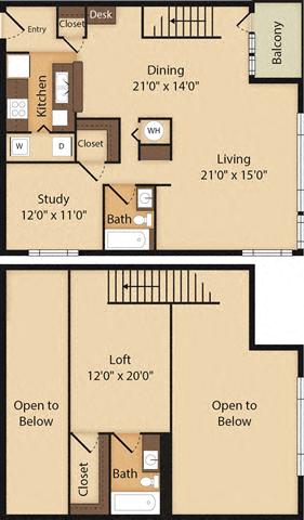 Floor plan for 1 bed, 2 baths, 1490 sqft